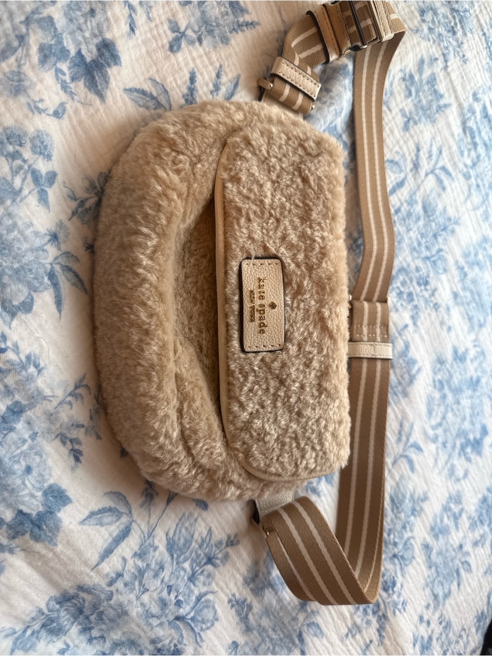 kate spade Cream Sherpa Crossbody Belt Bag with Striped Strap